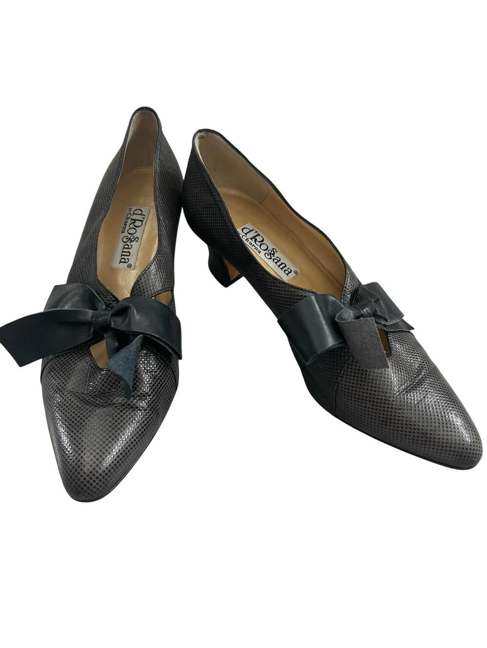 Vintage 90s Italian Bow Heels 7.5M Gray Textured Leather Kitten Heel Pumps
